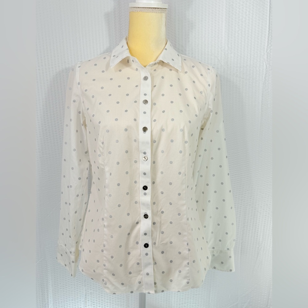 Women’s Talbots White And Silver Polkadot Button-Down Blouse Top Size 2